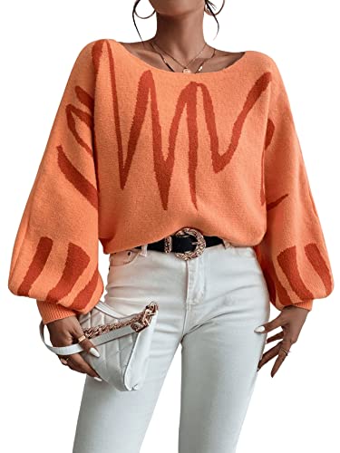 Sweatyrocks Women's Casual Graphic Print Lantern Sleeve Top Boat Neck Oversized Pullover Sweater Orange M #TOP3