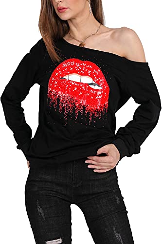 Image of MAGICMK Woman's Sweatershirt Lips Print Causal Blouse Off The Shoulder Long Sleeve Loose Slouchy Pullover Plus Size Tops