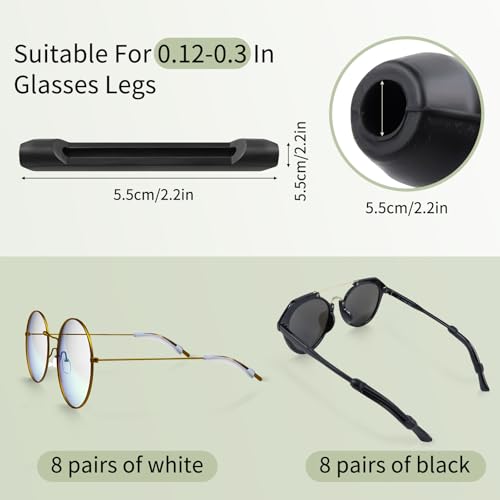 16 Pairs Soft Silicone Temple Tip Grips for Glasses, Anti Slip Glasses Ear Grips Elastic Comfort Eyewear Spectacle Stay Compatible Sunglasses Reading Glasses for Sport, Study