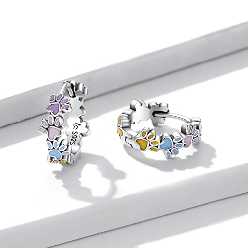 Dog Cat Paw Earrings Sterling Silver 925 - Shysnow Cute Pet Puppy Paws Print Colorful Enamel Heart Footprint Animal Small Huggie Hoop Earrings for Women Girls Animal Lovers4