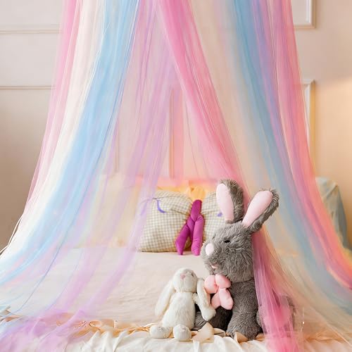 Image of Princess Rainbow Bed Canopy with Lights for Girls Bed Net,Princess Canopy for Kids Bed Room Decor (Rainbow + Lights)
