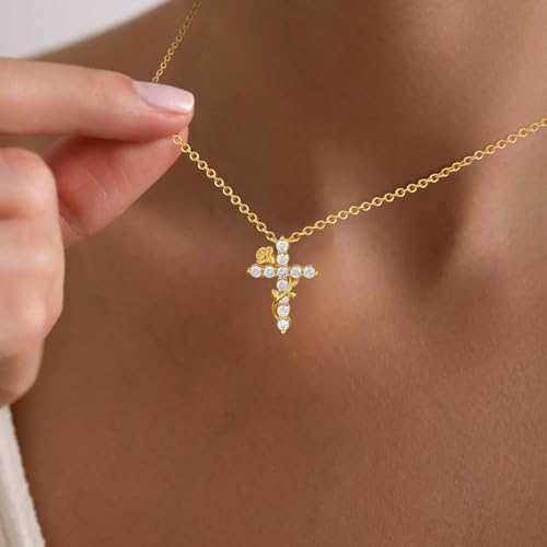 Gold Cross Necklace for Women Dainty Fashion 14K Gold Plated Zircon Rose Flower Cross Pendant Necklace Trendy Simple Small Cute Aesthetic Non Tarnish Waterproof Necklaces Easter Christian Religious Faith Jewelry Gifts4