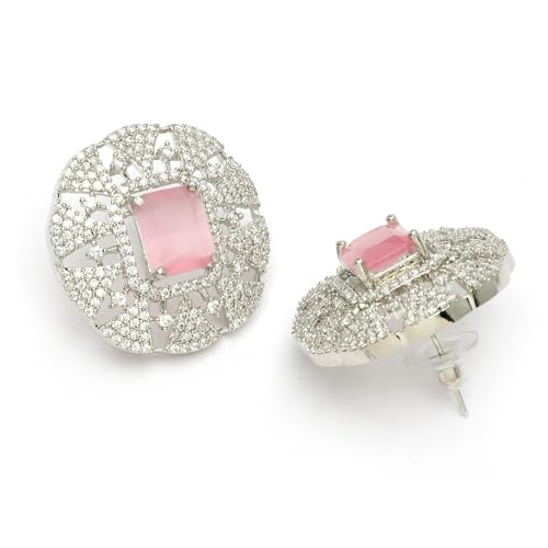 Image of ZENEME Rhodium-Plated American Diamond Studded Tasselled Necklace With Earrings Ring & MaangTikka Jewellery Set For Girls and Women