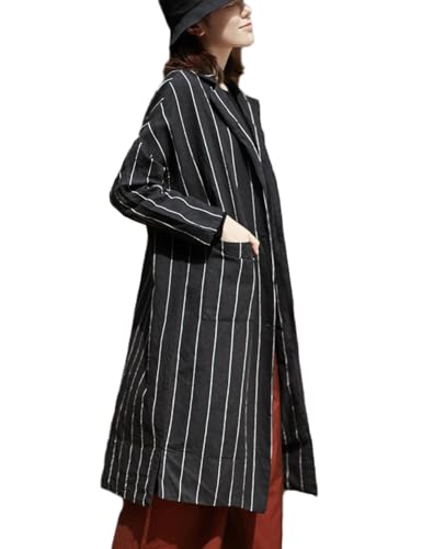 Ystylee Women's Striped Linen Single Breasted Long Trench Coat Lightweight Spring Fall Fashion Dust Coat