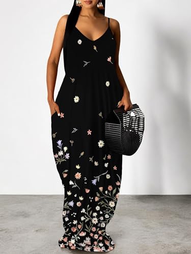 Image of SUZONANA Women's Plus Size Summer Dresses Spaghetti Print Maxi Dresses Long Loose Sundresses
