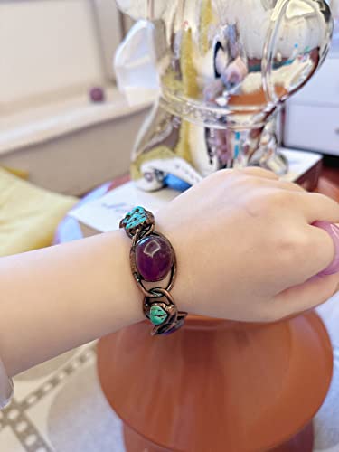 Purple Crystal Amethyst Turquoise Bracelet With Copper Open Bangle, Raw Gemstone Energy Healing Stone Handmade Bracelet, Fashion Gifts For Women #TOP4