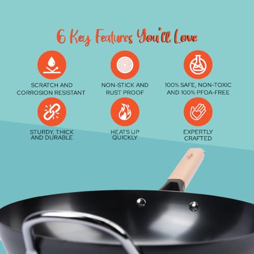 Flat Bottom Carbon Steel Wok, 12.6 inch, Un-coated & Pre-Seasoned, Premium Frying Wok for Electric, Induction, Gas Cooktops, Free Shopping Bag
