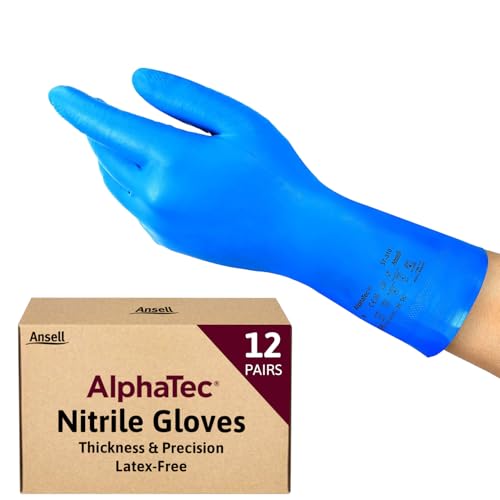 Ansell AlphaTec 37-310, Multipurpose Nitrile Gloves, Reusable Kitchen Gloves, Latex Free Gloves with Chemical Protection, Cooking and Cleaning Gloves, Blue Nitrile Gloves Medium, 12 Pairs
