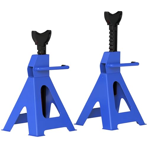 HOMCOM Caballete de 3 toneladas de carga, 2 unidades, incluye pasador de seguridad, 13 niveles, altura regulable de 385 mm a 600 mm, para taller, garaje, color azul