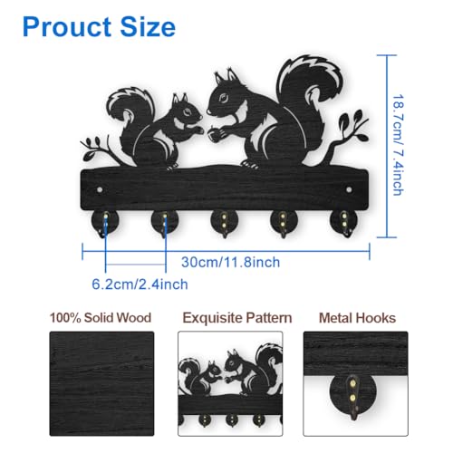 MAYJOYDIY Squirrel Wooden Key Holder 5 Alloy Hooks Wall Mounted Key Hooks Rack Organizer Art Decor Gift for Entryway Front Door Hallway - Image 2