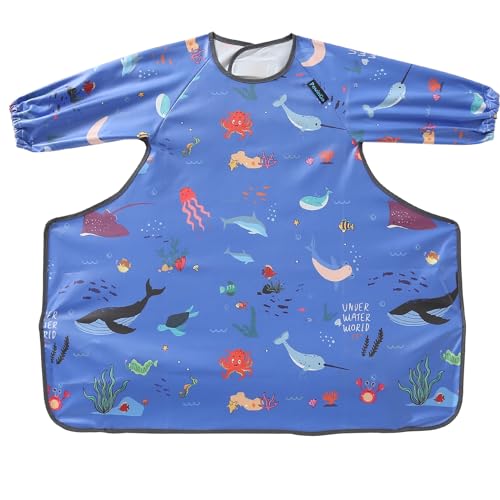 PewinGo Baberos Bebe Impermeables, Babero con Mangas se Adhiere a su Trona &Lavable en la Lavadora, Cómodos y Suaves para BLW Mess-6 meses a 30 meses - Azul