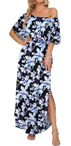 Image of AUSELILY Womens Off Shoulder Ruffle Split Summer Maxi Dresses with Pockets | Off-shoulder Ruffle dress with empire waist & side split for summer beach and casual parties