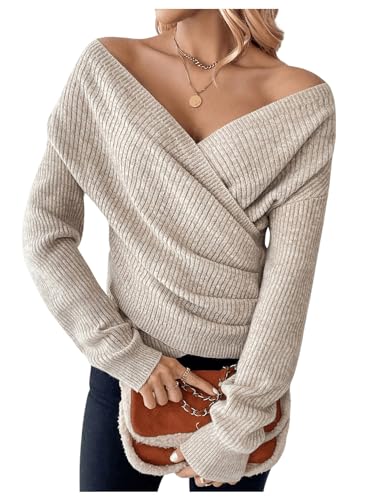 Image of SOLY HUX Women's V Neck Long Sleeve Off Shoulder Sweaters Criss Cross Wrap Ruched Pullover Fall Tops