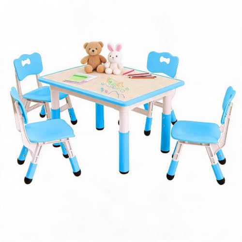 Acekool Mesa y 4 sillas para niños - Altura Ajustable, Escritorio Multiusos - Superficie antigrafiti, Patas Antideslizantes - Ideal para Estudio, Manualidades y Actividades en guardería, Aula u hogar