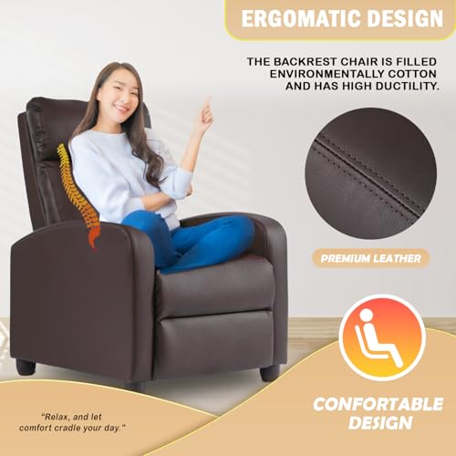 Image of PayLessHere Recliner Chair Single Reclining Sofa Home Theater Seating with Lumbar Support and Padded Backrest for Living Room and Bedroom (Leather, Brown)