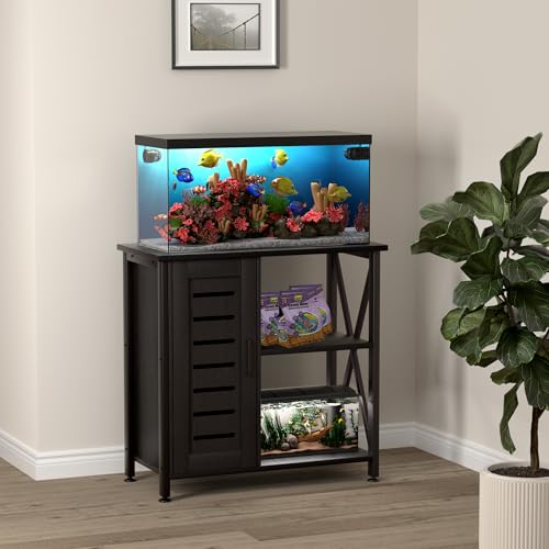 Image of Herture 20-29 Gallon Fish Tank Stand, Aquarium Stand with Cabinet Accessories Storage, Heavy Duty Metal Frame, 31.49 inch L*15.74 inch W Tabletop, 330LBS Capacity, Black PG07YGB