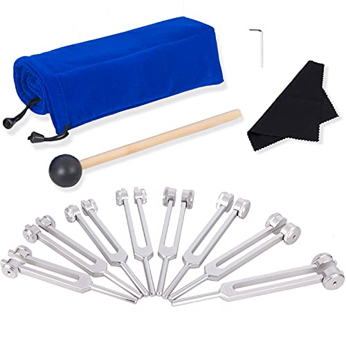 QIYUN Tuning Fork, 7 Chakras +1 Soul Purpose Weighted Tuning Forks with Silicone Hammer and Cleaning Cloth, Aluminum Alloy Professional Instrument