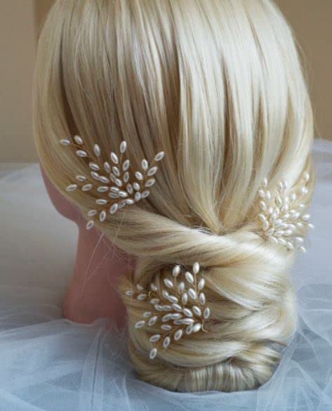 RRDIYZ Wedding Hair Pin, Women Girls Ladies Rhinestone Pearl Bridal Hair Pins Clips Hair Bun Hair Styles Artificial Flowers Accessories For Women & Girl Wedding Bride, 3pcs - White.