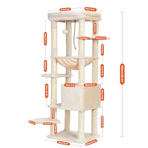Image of Heybly Cat Tree for Large Cats, 20lbs Heavy Duty, 60 inches HCT050M | Cat Tower for Indoor Cats with Big Padded Plush Perch, Multi-Level Furniture Condo with Cozy Basket, Beige