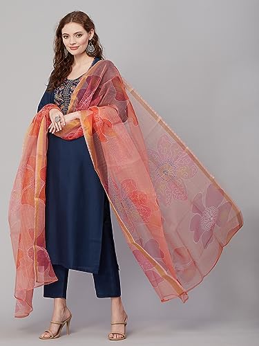 Image of GoSriKi Women's Cotton Blend Straight Embroidered Kurta with Pant & Dupatta