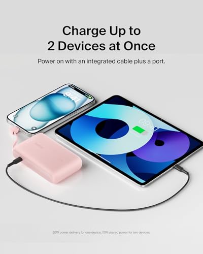 Image of Belkin Portable Charger Power Bank USB C, 10000 mAh w /Integrated Cable, 20W Fast Charge USB-C Power Delivery, iPhone Charger, Apple iPhone 17, Air, Pro, Pro Max, iPad, Samsung Galaxy S25 - Pink