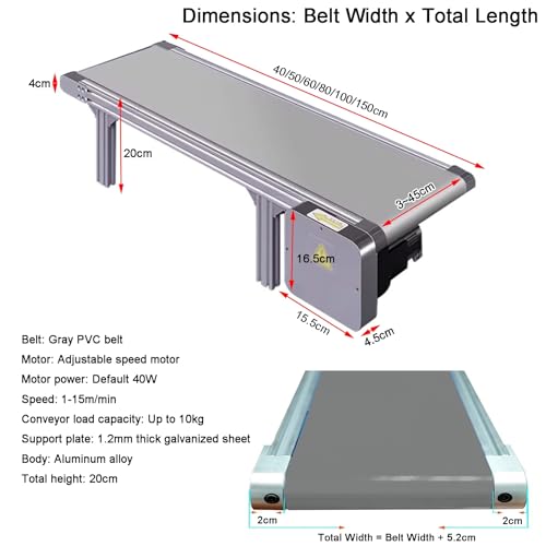 Convoyeur à bande plate en alliage d'aluminium à vitesse réglable 18 x 60 cm pour petite chaîne de montage et emballage Machine de convoyeur de bureau en PVC efficace 18 x 80 cm - Solution de