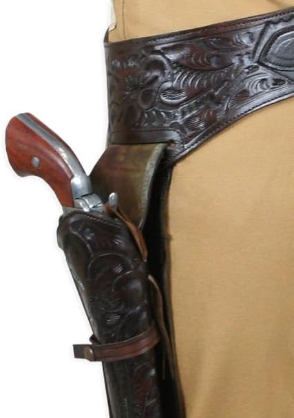 Western Gun Belt and Holster for Men Full Grain Buff Leather Tooled – Fits .44/.45 Cal Revolvers 4" to 6.5" Barrel Length Cowboy Style