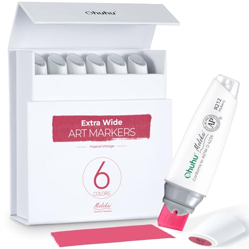 Ohuhu Alcohol Markers Extra Wide Broad Tip - Refillable Ink- 6 Colors of Tropical Vintage - 1-18mm Nib Calligraphy Markers for Poster Design Rendering