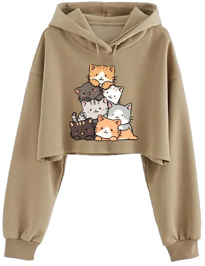 Cats Crop Hoodie Sweatshirt Women Girl Cute Casual Stylish Latest White Black Pink Lavender Beige-image-21