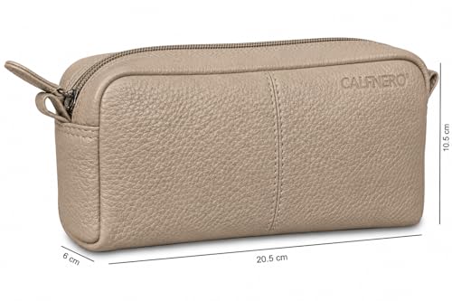 Image of Calfnero Genuine Leather Toiletry Bag for Men & Women | Premium Leather Travel-Pouch | Toiletry Organizer | Cosmetic & Shaving Kit Bag | Unisex Travel Dopp Kit (Beige)