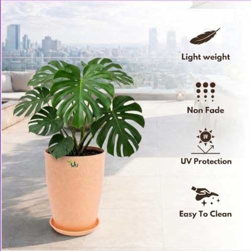 Image of Urban Upvan Beige 14 inch Tower Planter Pot with Tray | Large Indoor Outdoor Decorative Flower Pots for Home, Balcony & Garden (Pack of 2)