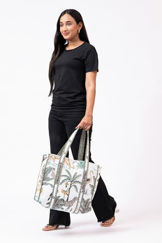 Bolso tote acolchado grande de tela de algodón para viaje, compras y fines de semana con bolsillo interior - Tema safari tropical miniatura 2