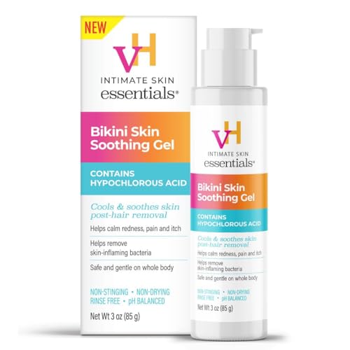 vH essentials Bikini Skin Soothing Gel with Hypochlorous Acid 3 oz. - Cools & soothes skin post-hair removal - Calms redness pain itch and irritation from razor bumps.