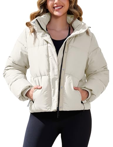 PEHMEA Women's Winter Cropped Puffer Jacket, Full Zip Thicken Short Coat with Detachable Hood(Beige-M)