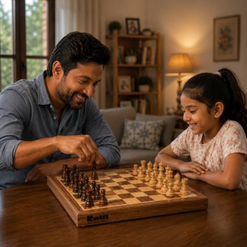 Image of Classic - 10x10 Inch Wooden Chess Board with Chessmen | Magnetic Folding Chess Set with Storage | Travel Friendly Board Game for Kids & Adults