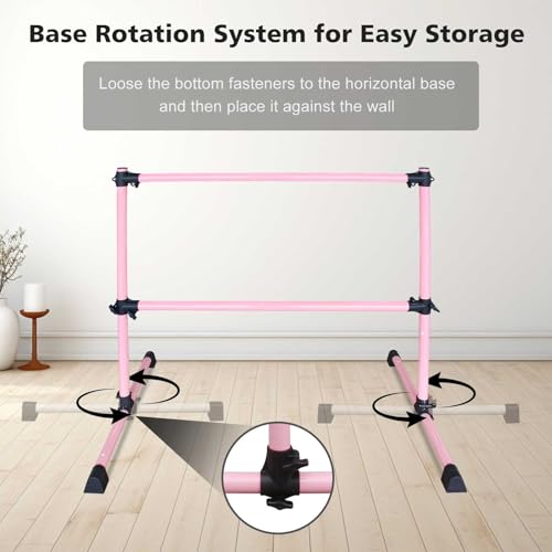 4FT Freestanding Ballet Barre,Adjustable Height 6.7–46\", Portable Double Dance Bar for Home Ballet Training,Stretching, Pilates,Kids & Adults – Non-Slip, Easy Assembly & Storage (Pink + Steel)