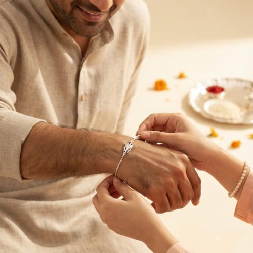 Image of Parnika 925 Pure 92.5 Sterling Silver Om Trishul Tripund Rudraksh Rakhi Bracelet for Brother | Hallmarked Silver Raksha Bandhan Rakhi | Premium Adjustable Rakhi Gift