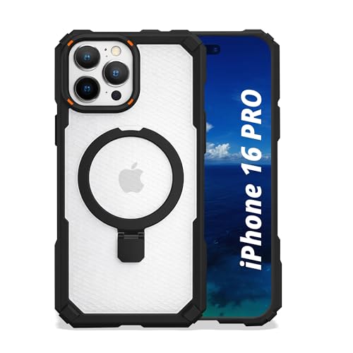 Image of AIBEX Transparent Back Cover Compatible for iPhone 16 Pro| Mag-Saf Magnetic Ring Kickstand | Shockproof Dual Layer Military Grade Drop Protection Armor Case| Wireless Charging Support - Black