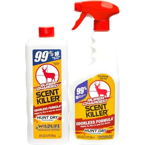 Wildlife Research Center Super Charged Scent Killer Spray & Refill – Odor Eliminator for Hunting – Works After Drying – Odor Control for Clothes & Gear – Hunting Spray (48 FL OZ Combo)