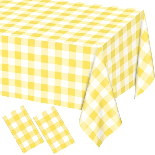 Image of WNINK 2 Pack Light Yellow Gingham Rectangular Plastic Tablecloths, Yellow and White Checkered Disposable Table Covers 54 inch x 108 inch for Birthday, Wedding, Bridal Shower, Outdoor Picnic Camping Parties