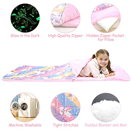 Suchdeco Multicolor Sleeping Bag For Kids Padded Nap Mat 63" X 29" With Glow In The Dark Unicorn Soft Plush Rainbow Slumber Bag For Toddler, Boys, Girls Sleepover, Daycare, Preschool, Kindergarten #TOP3