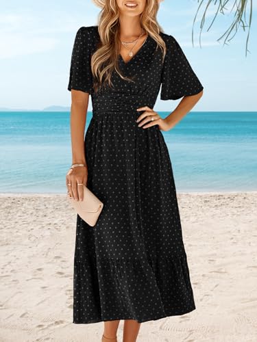 KUTUMAI Women's Swiss Dot Maxi Dress - V-Neck Wrap, Belted, Ruffle Hem, Boho Wedding Guest Dress