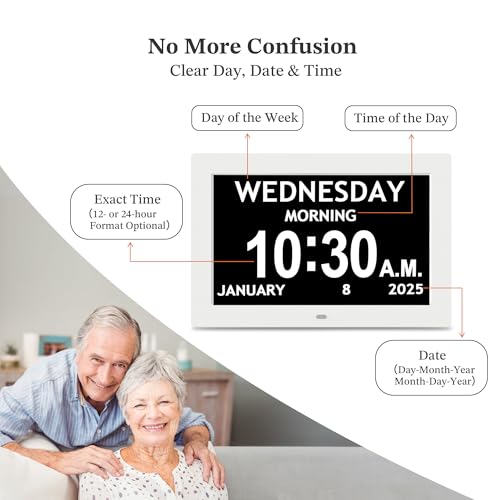 10.1\'\' Digital Clock, 1280*800p HD Extra Large Display, Dementia Clock For Seniors, 10 Reminders & 6 Alarms, Auto Dimming & DST, Remote Control, Digital Clock With Date, Time, Day Of Week, White