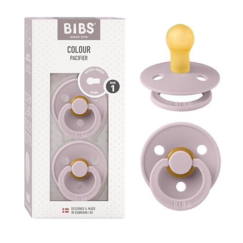 BIBS Colour Soother 2-Pack, BPA Free Dummy Pacifier, Round Nipple. Natural Rubber Latex, Made in Denmark, Size 1 (0-6 Months), Dusky Lilac