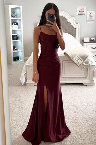 Satin Prom Dresses for Women Spaghetti Strap Mermaid Bridesmaid Dress Ruched Long Formal Gowns Evening Gowns with Slit MR784