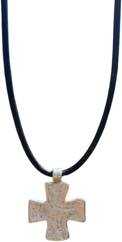 Rustic Silver Flat Cross Necklace - Gold Hammered Men Gift, Mens Gifts, Catholic Women Crosses, Religious Jewelry, Protection Charm, God Faith (Rustic Brown)