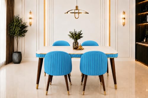 Image of WOODEN SPACE Majestic 4 Seater Wooden Dining Table Set | Urban Marble Top Dining Table with Chairs for Dining Room & Kitchen (Majestic Backline Sky Blue) (54 x 36 x 30 inch)
