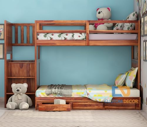 Image of Custom Decor Sheesham Wood Bunk Bed | Wooden Double Bed Bed Furniture for Bedroom | Living Room | Home (Spring-N)