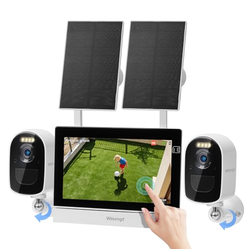 Wkkengd Solar Wireless Security Camera System, 4MP Battery Powered 2-Camera Kit with 7 Touchscreen Monitor, Motion Detection Auto Full-Screen Zoom, Color Night Vision, Compatible with Alexa