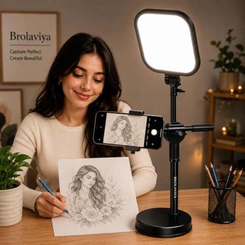 Image of BROLAVIYA Overhead Phone Stand with LED Fill Slab Light, 360 Rotating Phone Holder, Desk Stand for Reading, YouTube, TikTok, Reels, Cooking Videos, Recording & Content Creation